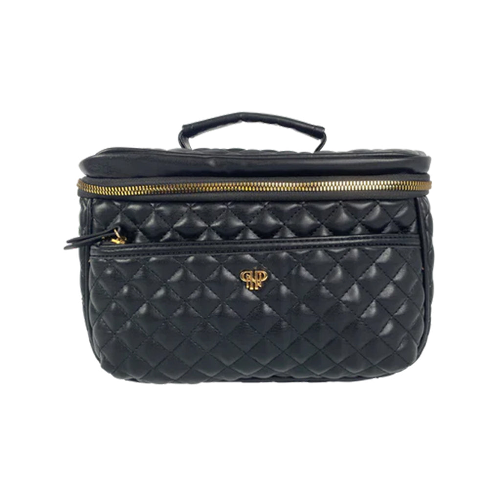 Black quilted handbag with gold zipper and logo on a white background