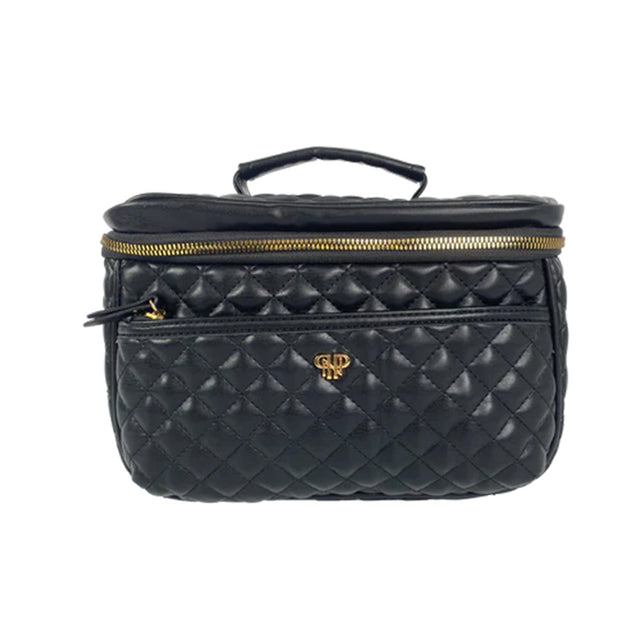 Black quilted handbag with gold zipper and logo on a white background