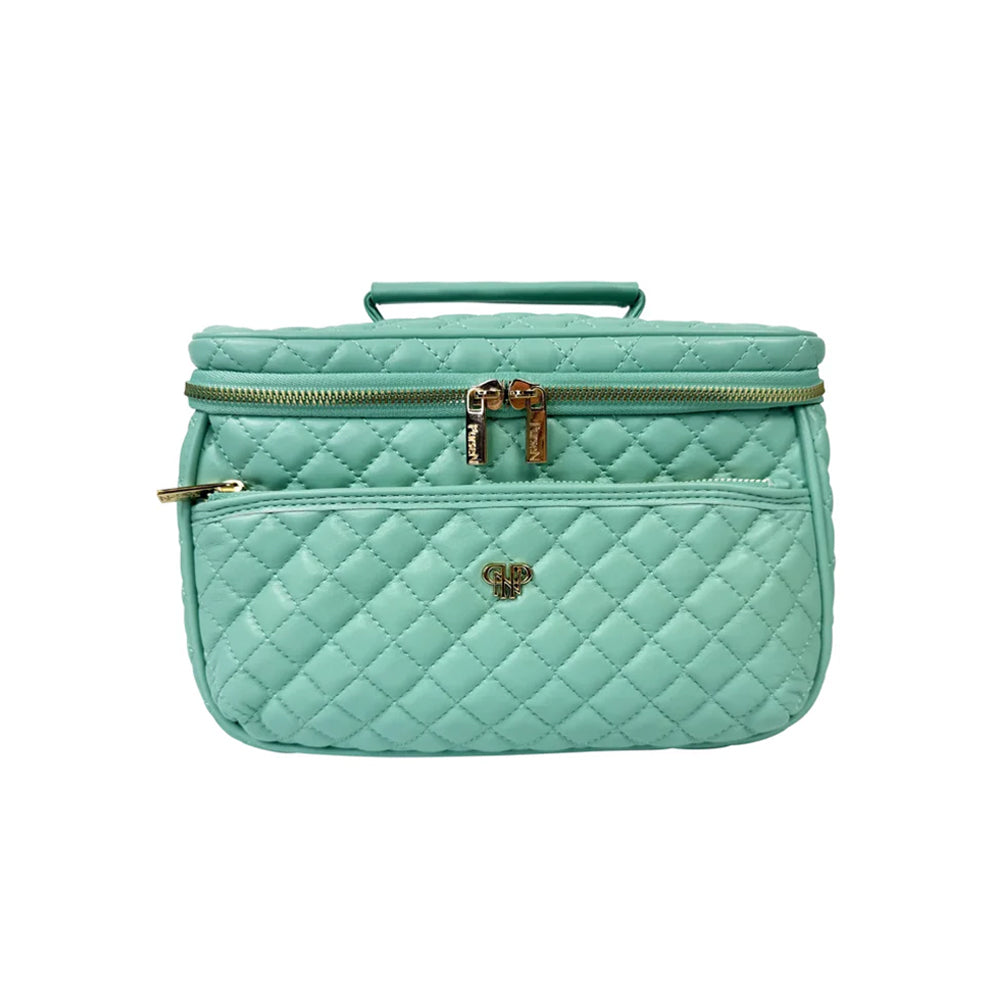 Quilted turquoise handbag with gold accents on a white background
