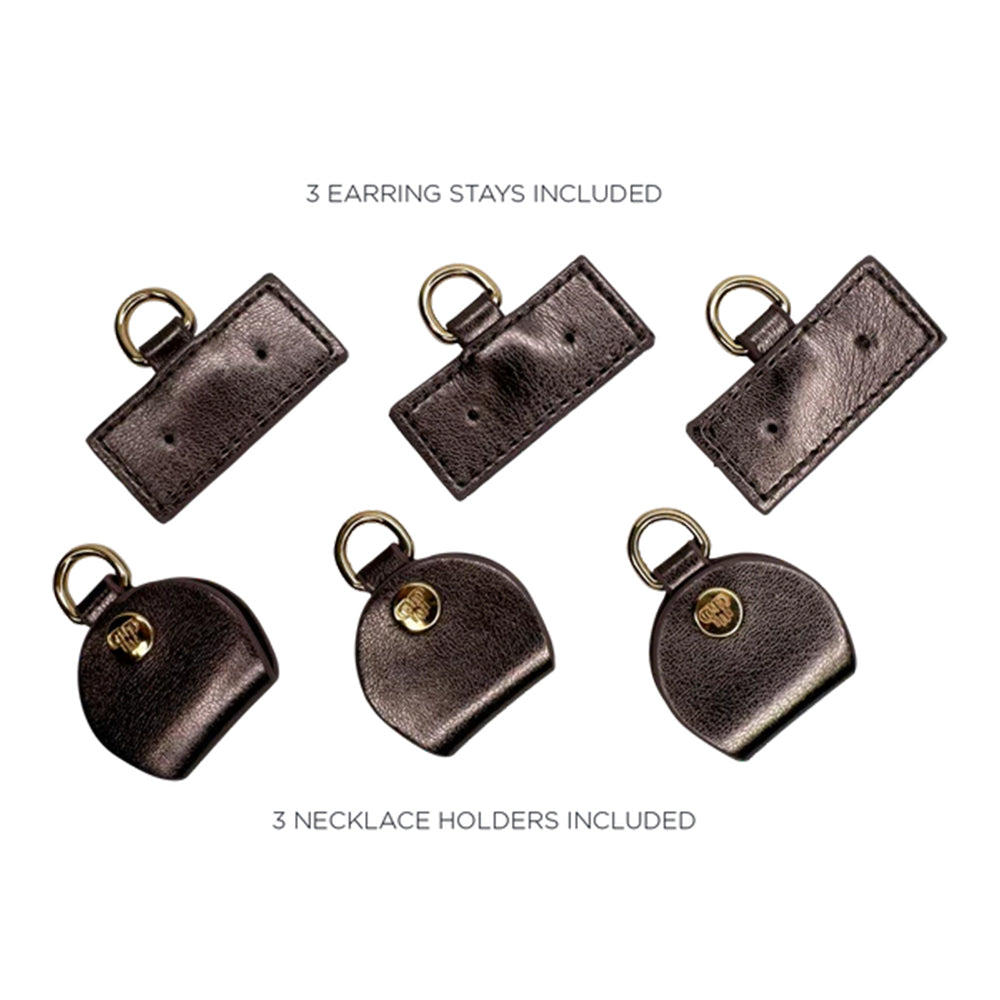 Set of brown earring stays and necklace holders on a white background
