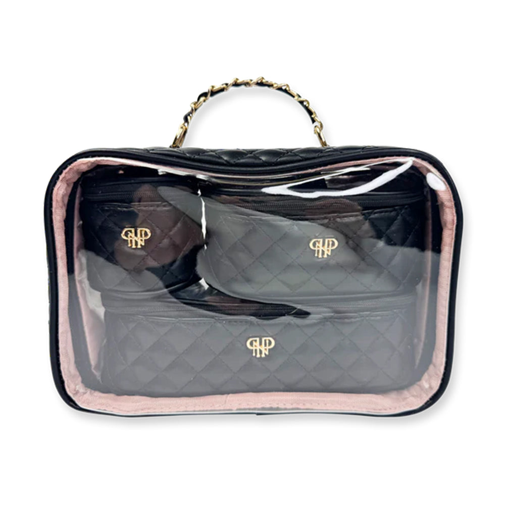 Clear travel bag with pink trim and gold logo on a white background
