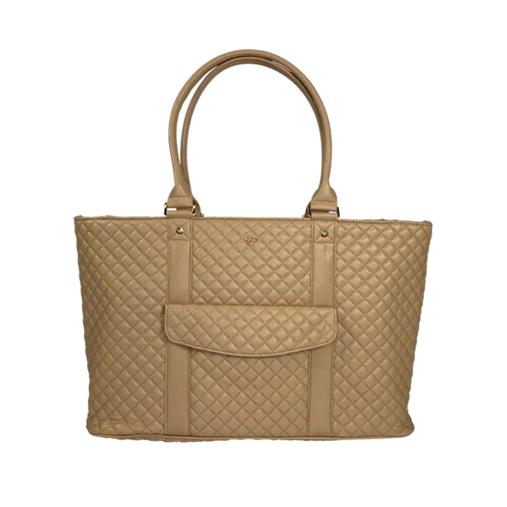 Beige quilted handbag on a white background