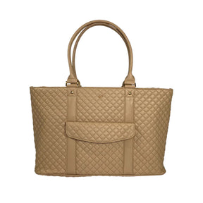 Beige quilted handbag on a white background