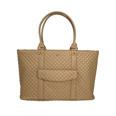 Beige quilted handbag on a white background