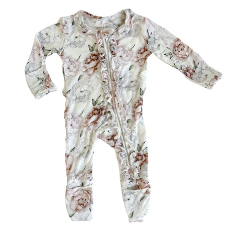 Floral patterned baby onesie on a white background