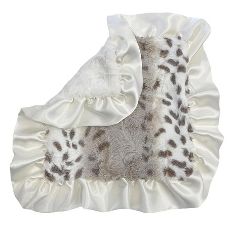 Blanket with leopard print pattern and white ruffled edges on a white background