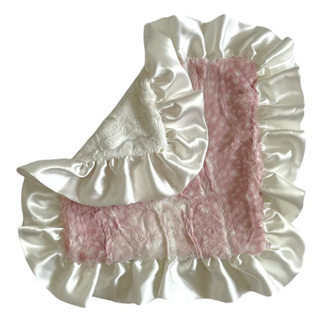 Blanket with white lace and pink fluffy border on a white background