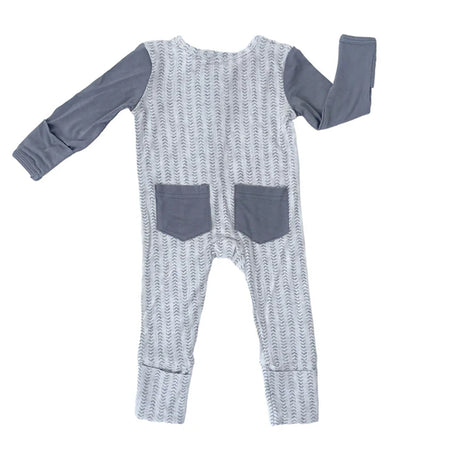 Gray and white striped baby romper with long sleeves on a white background