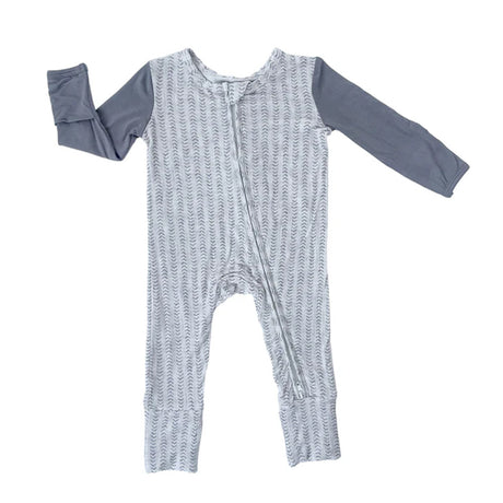 Baby romper with blue sleeves and gray pattern on a white background