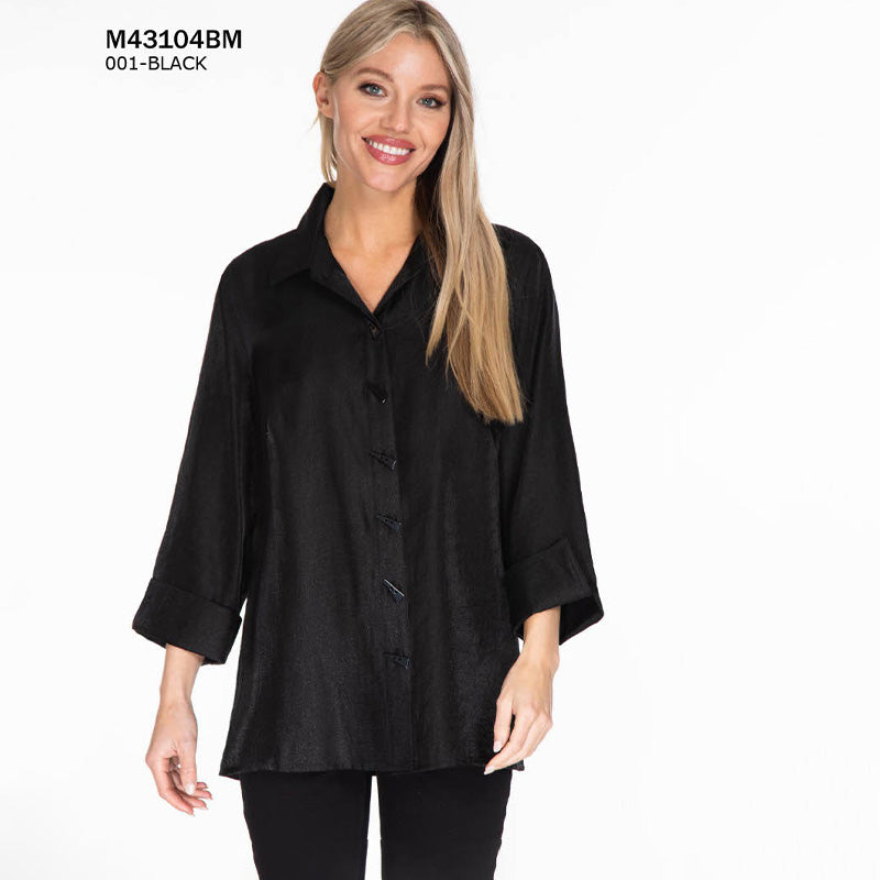Black Turn-Up Cuff 3/4 Sleeve Hi-Lo Solid Shimmer Shirt