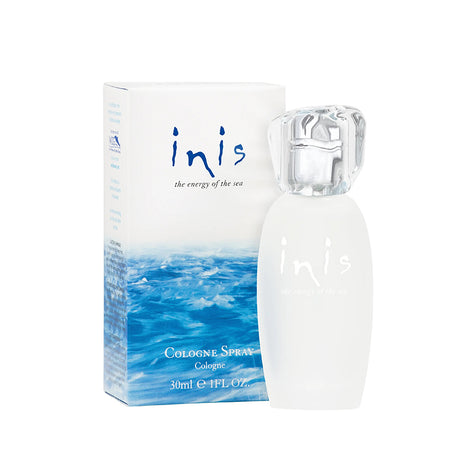 Inis cologne spray bottle with a white and blue box on a white background