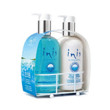 Inis hand care caddy with a bottle of hand wash and hand lotion, featuring essential oils, packaged in a reusable and sustainable caddy.