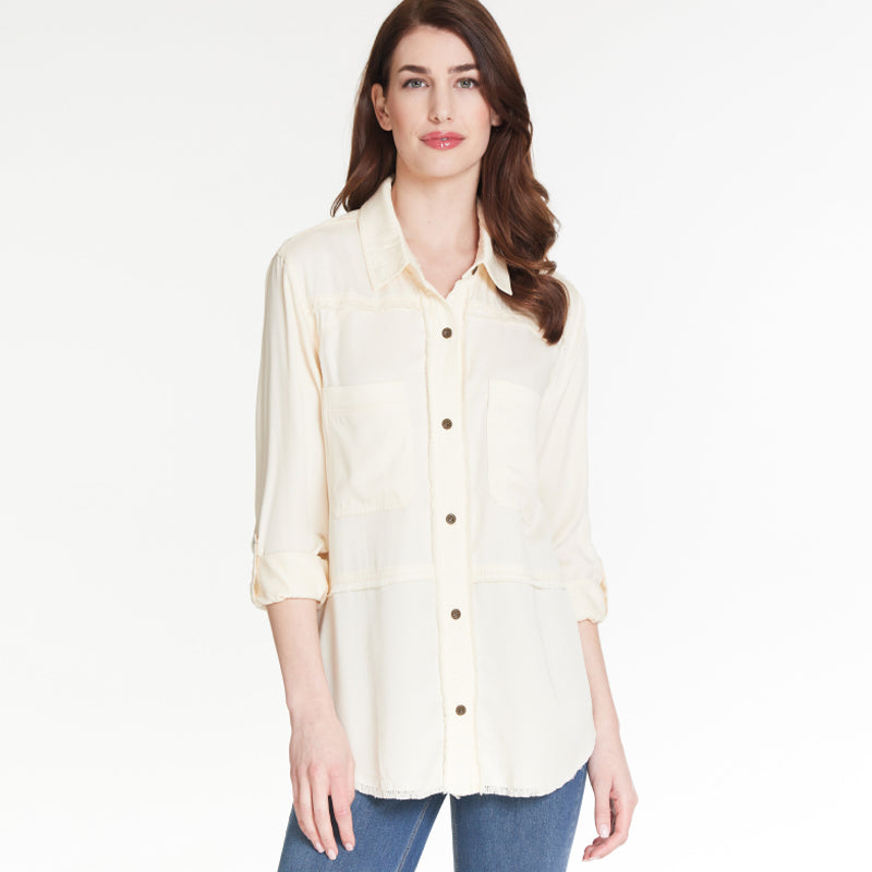 Antique White Button Front Roll Tab Long Sleeve Fringed Shirt