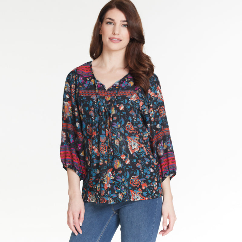 Attitude Floral Print 3/4 Sleeve Tie Front Crinkle Woven Top
