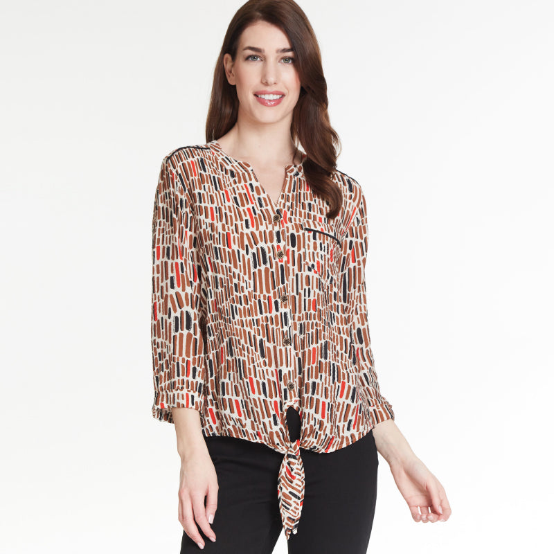 Safari Turn-Up Cuff 3/4 Sleeve Drop Shoulder Tie Front Print & Solid Crinkle Woven Shirt