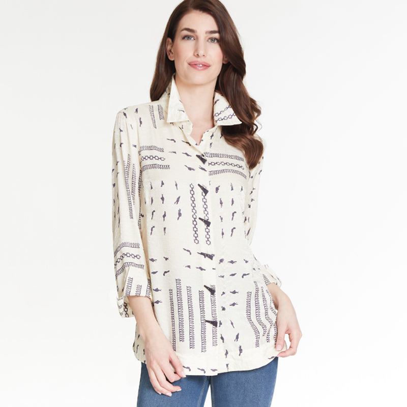 Deep Charcoal Shimmer Print Turn-Up Cuff 3/4 Sleeve Hi-Lo Shirt