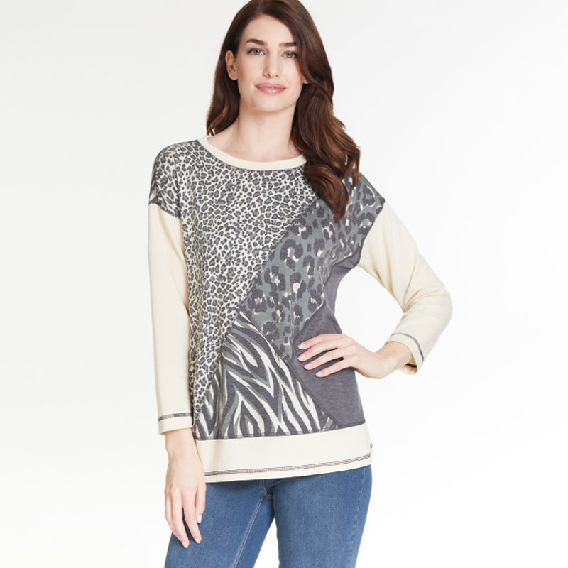 Charmed 3/4 Sleeve Scoop Neck Front & Back Button Hem Terry Knit Top