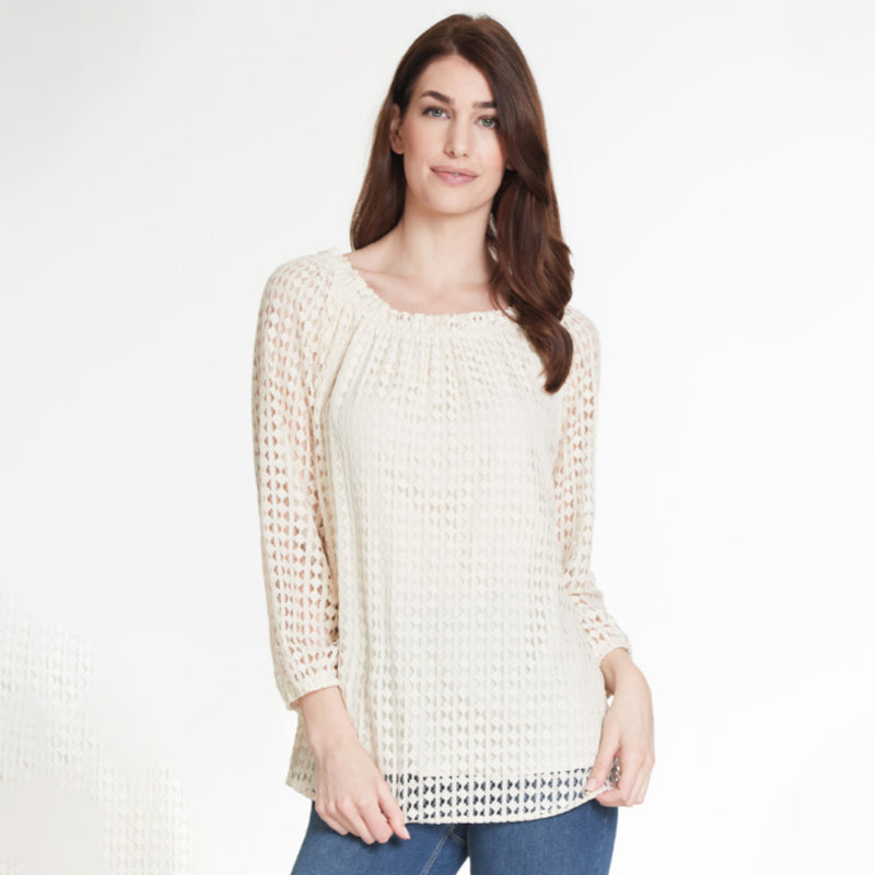 Sand Stone 3/4 Sleeve Elastic Neck Peasant Solid Lace Top With Woven Lining