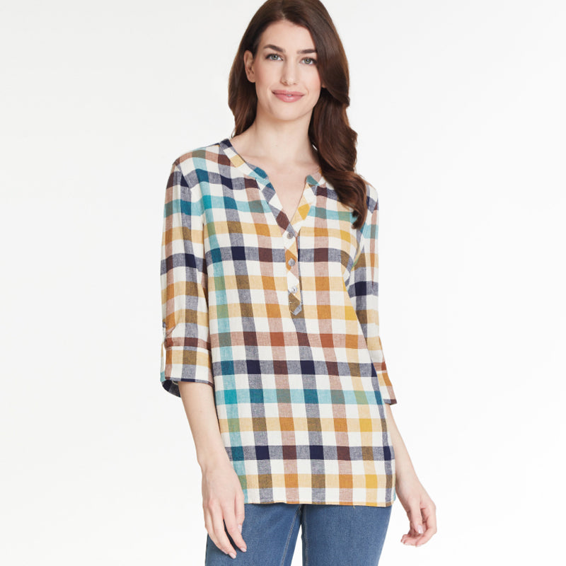 Roll Tab 3/4 Sleeve Y-Neck Cross-Dye Woven Plaid Top
