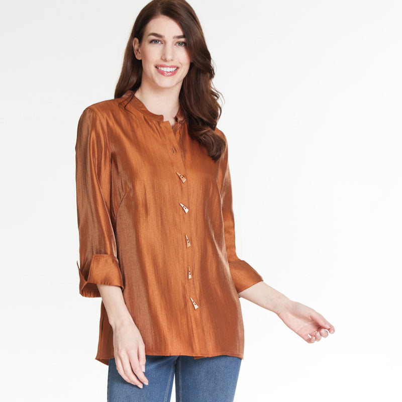 Rich Tobacco Turn-Up Cuff 3/4 Sleeve Hi-Lo Solid Shimmer Top
