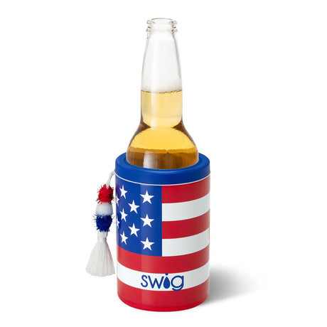 Bottle with American flag design cooler on a white background