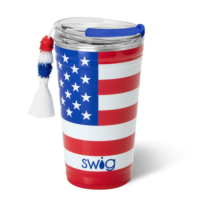 Tumbler with American flag design and 'Swig' branding on a white background