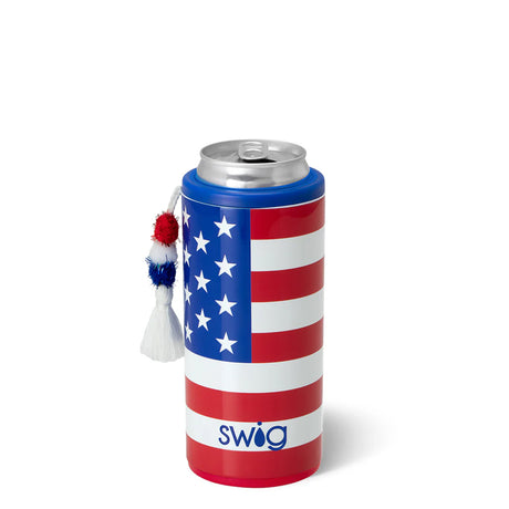 Can cooler with American flag design and 'swig' branding on a white background