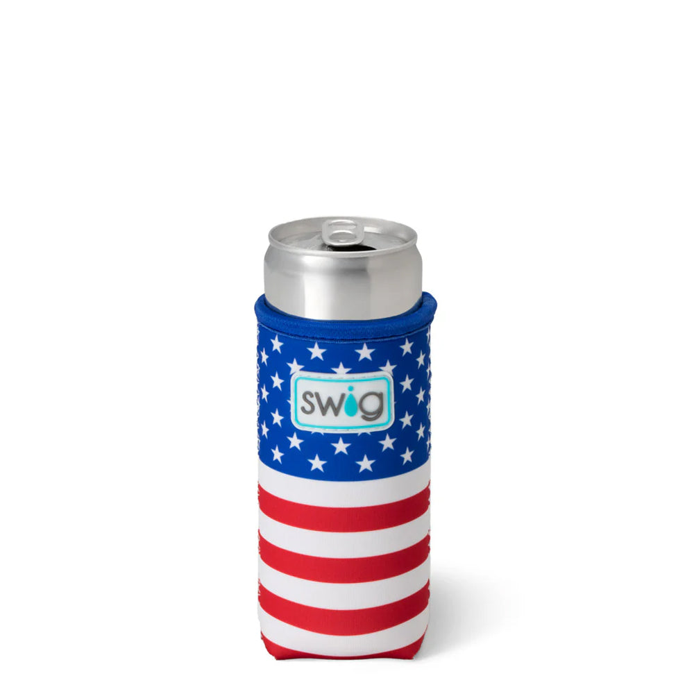 Can holder with American flag design and 'swig' logo on a white background