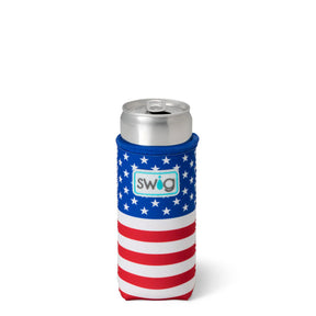 Can holder with American flag design and 'swig' logo on a white background