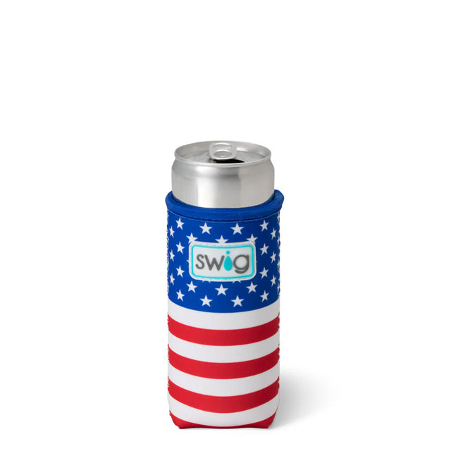 Can holder with American flag design and 'swig' logo on a white background