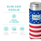 Slim can coolie with American flag design and swig branding on a white background