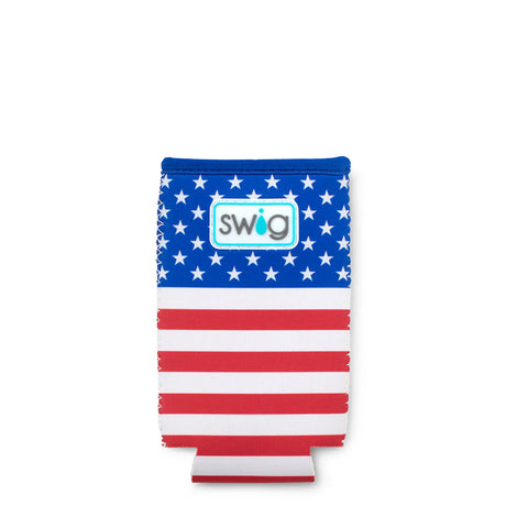 American flag design can cooler with 'Swig' logo on a white background
