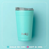 A mint green insulated travel tumbler with a clear lid, featuring the 'swig' brand logo on the front, set against a matching light blue background with promotional text at the bottom.