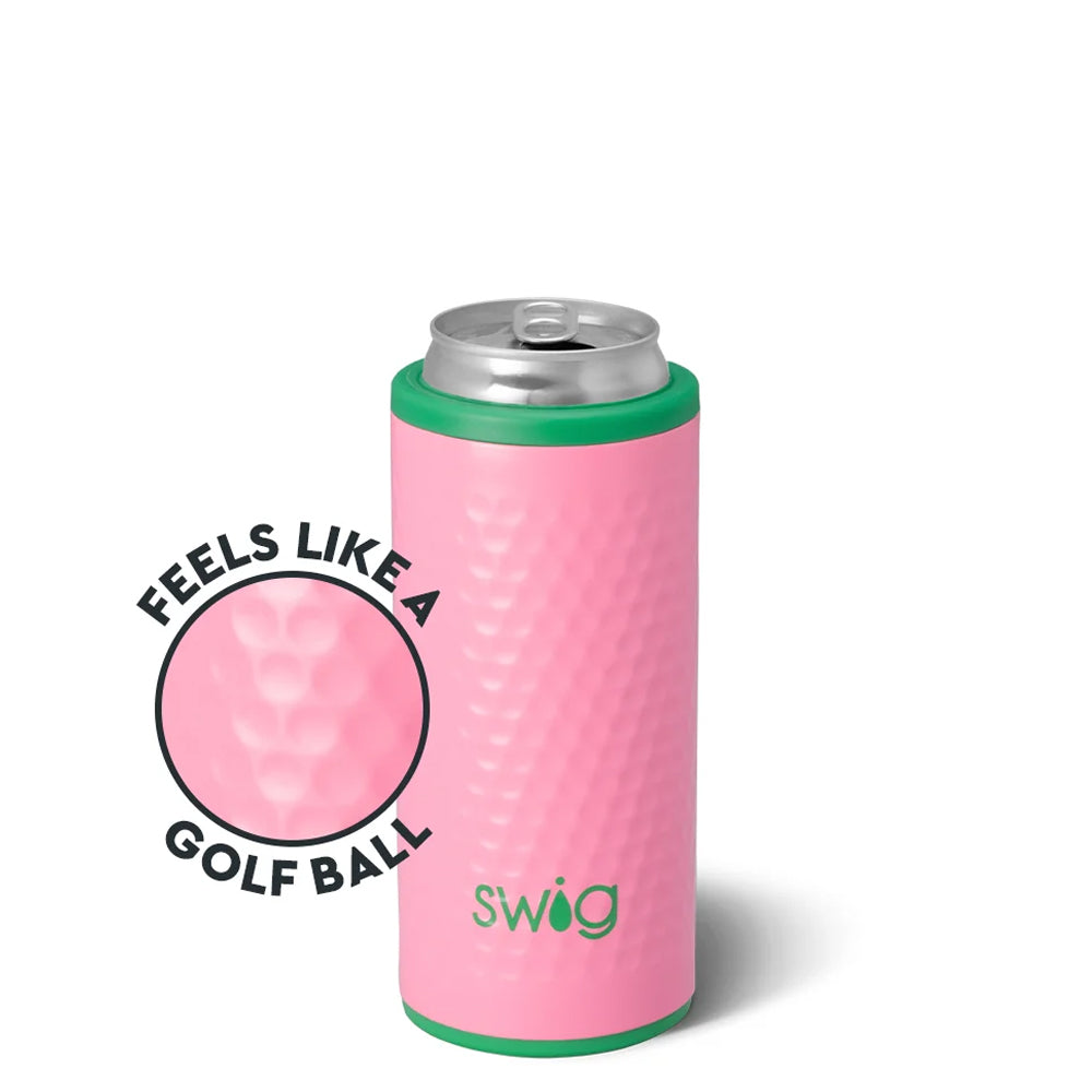 A pink can cooler with a golf-ball textured pattern and green trim, shown on a silver can. A circular graphic overlay on the left reads 'FEELS LIKE A GOLF BALL'.