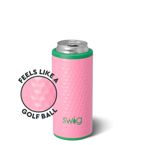 A pink can cooler with a golf-ball textured pattern and green trim, shown on a silver can. A circular graphic overlay on the left reads 'FEELS LIKE A GOLF BALL'.