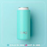 A mint green Swig can cooler sleeve holding a silver can, centered on a light blue background with a white rounded border. Text at the bottom reads 'COLD 9+ HRS' and 'HOT 3+ HRS' with temperature icons.
