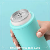 A hand holding a mint green slim can cooler around a 12oz aluminum can, with text at the bottom reading 'FITS MOST 12oz SLIM CANS' on a light blue background.