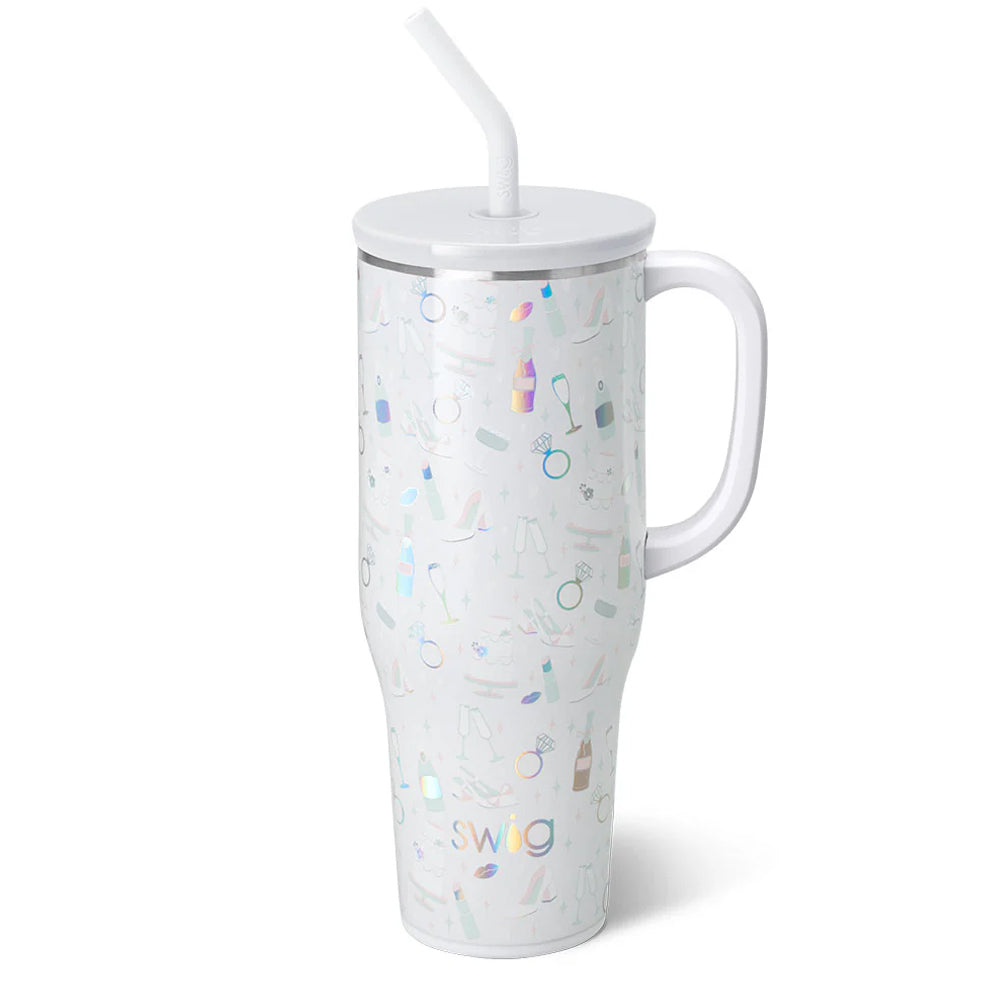 White tumbler with colorful designs and a straw on a white background
