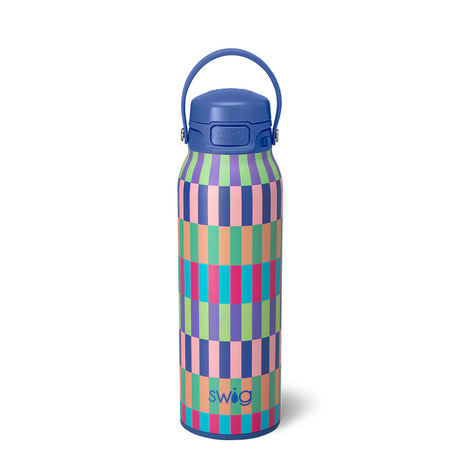 Colorful striped water bottle with blue lid on a white background