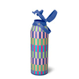 Colorful checkered water bottle with blue lid on a white background