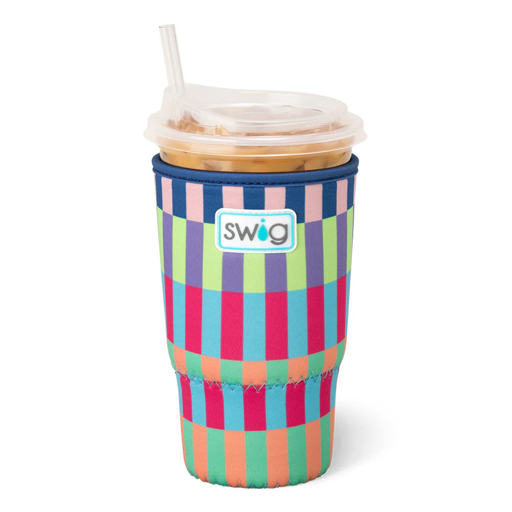 Colorful striped cup with a lid and straw, featuring the Swig brand logo.