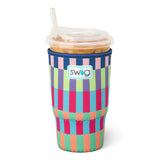 Colorful striped cup with a lid and straw, featuring the Swig brand logo.