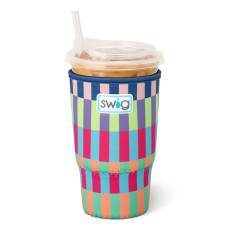 Colorful striped cup with a lid and straw, featuring the Swig brand logo.