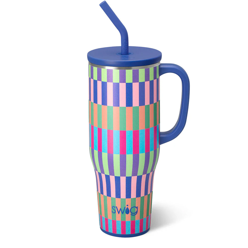 Colorful striped mug with a blue lid and straw on a white background