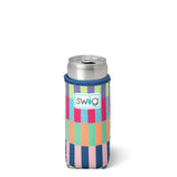 Multicolored striped can cooler with 'swig' logo on a white background