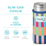 Colorful slim can coolie with swig branding on a white background