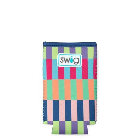 Colorful striped case with 'Swig' logo on a white background