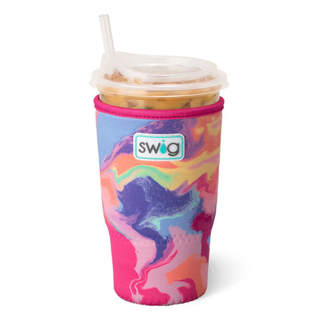 Colorful swirl-patterned cup with a pink rim and straw on a white background