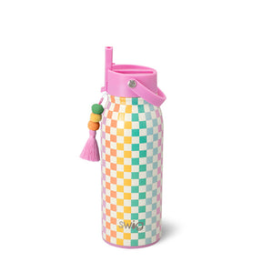 A colorful stainless steel Swig Life Check Mate Flip + Sip Bottle with a checkered pattern, featuring a pink flip-top lid and a tassel hanging from the side.