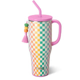 Colorful checkered tumbler with pink lid and handle on a white background